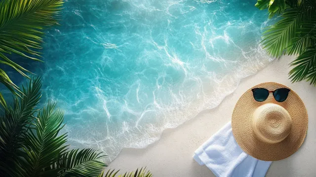Overhead tropical beach view showing blue ocean waves, white sand, palm leaves, and a straw hat with sunglasses on a towel.