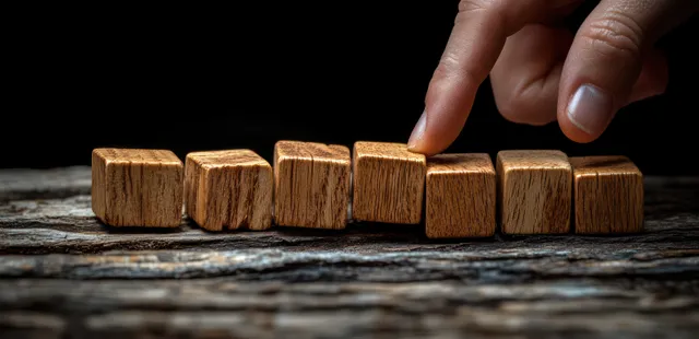 A hand presses to halt falling wooden domino blocks on a dark tabletop.
