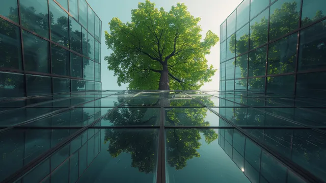 A green tree grows between two reflective glass office buildings, mirrored along a modern city street.