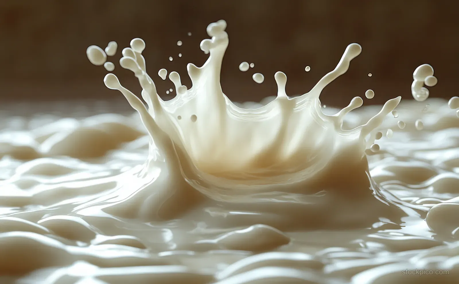 A milk splash forms a crown above a smooth white liquid surface with ripples.
