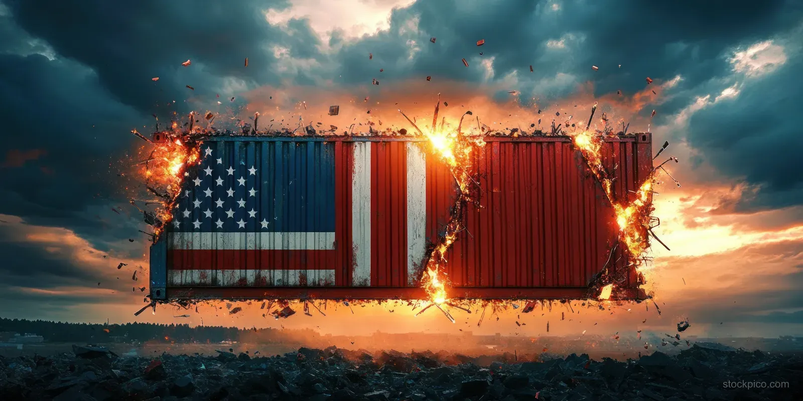 A burning shipping container with flames and scattered debris under stormy sunset clouds above rocky ground.