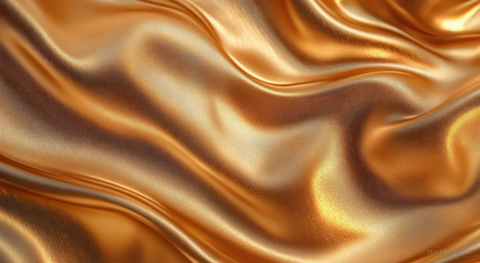 Golden satin fabric close-up showing flowing wavy folds with glossy light reflections.