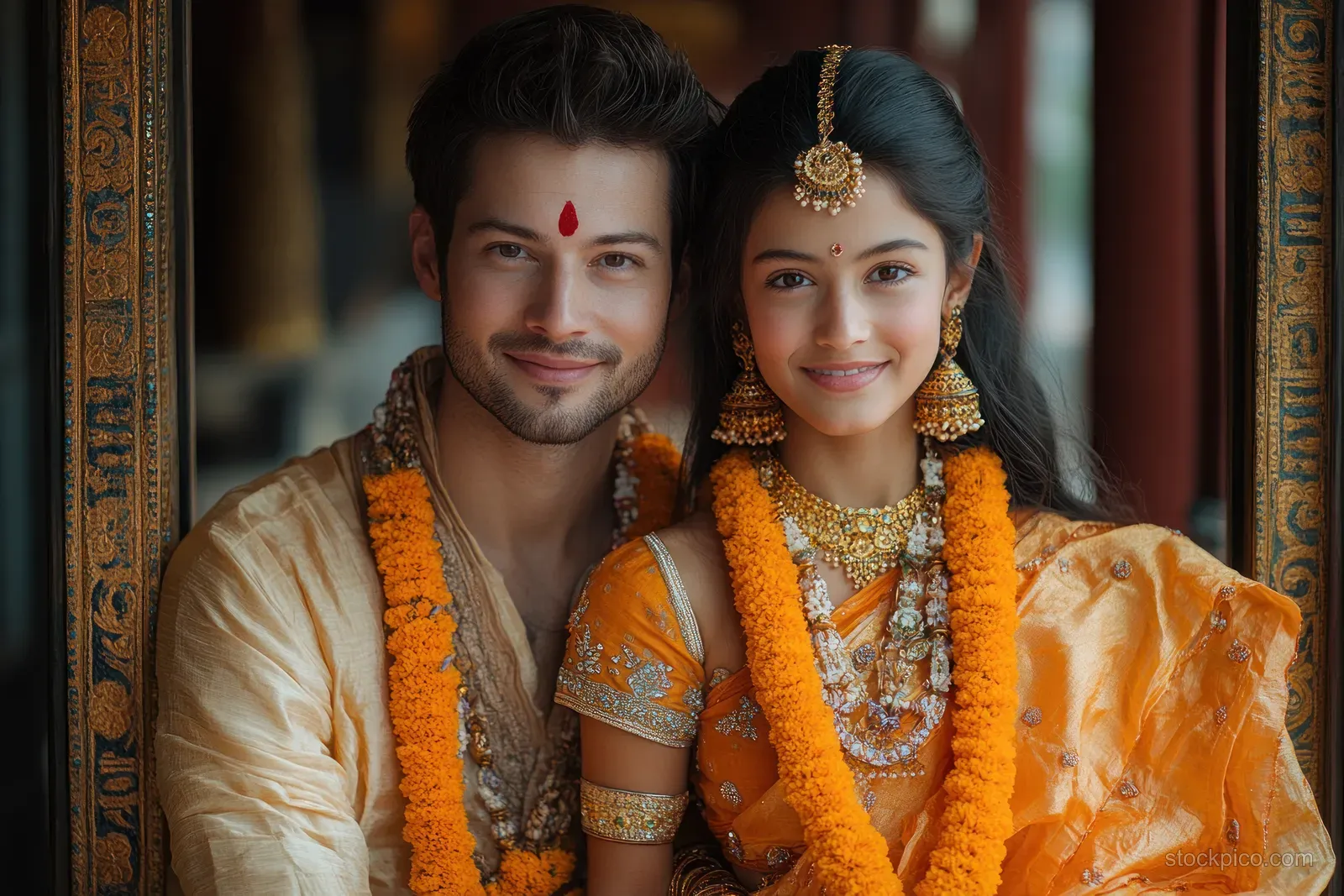 An Indian couple sit together wearing marigold garlands during a festive indoor ceremony.