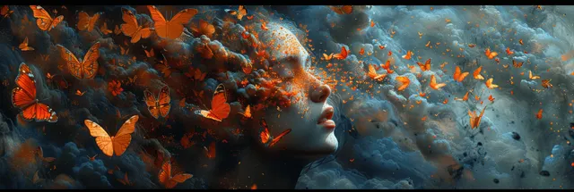A side-profile head silhouette releasing a chaotic cloud of butterflies across stormy blue and amber abstract sky.