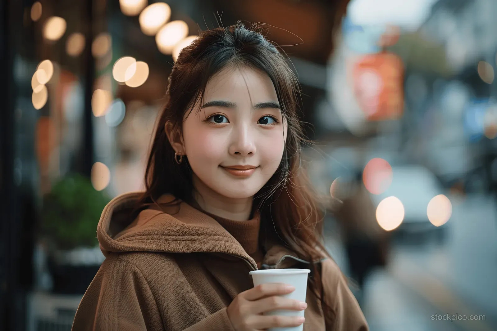 Young woman holding a takeaway coffee cup walking on a city street with warm bokeh lights behind her.