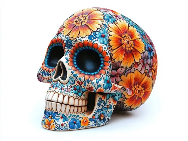 Colorful ceramic skull with orange, blue, and purple floral patterns and ornamental details on a white background.