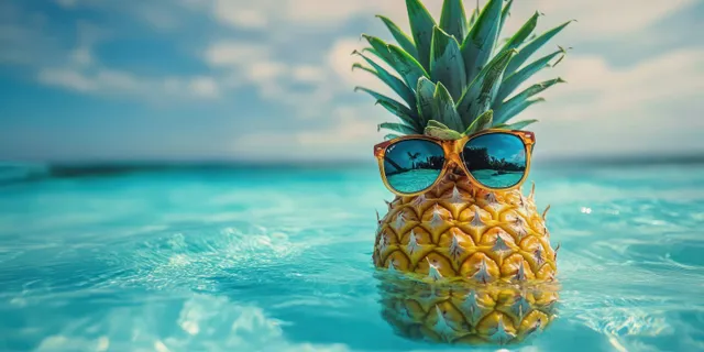 Una piña con gafas de sol azules se encuentra sobre olas turquesa del océano bajo un cielo brillante y soleado.