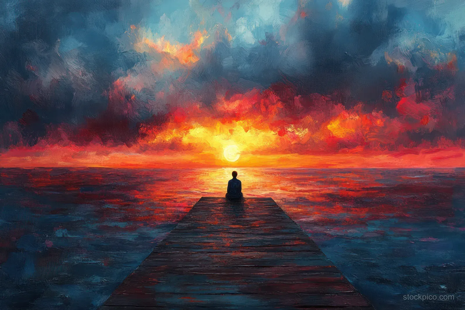 A solitary traveler sits on a wooden pier as the sunset glows over the ocean horizon.