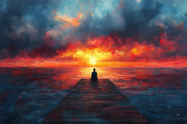 Solo traveler sitting on weathered wooden pier at dramatic sunset over ocean horizon