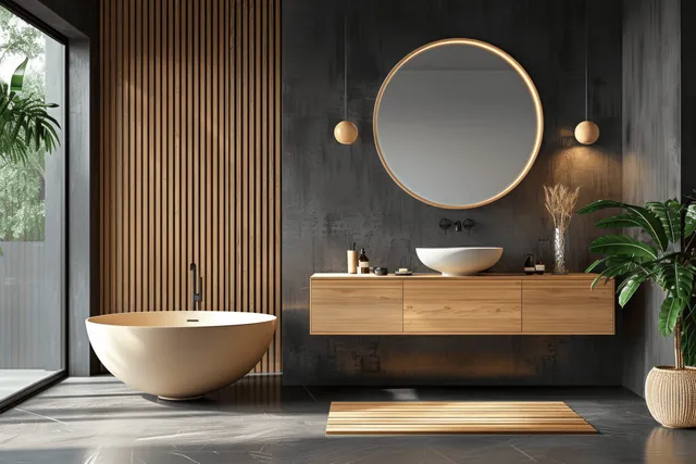Modern bathroom with a round bathtub, wooden vanity, circular mirror, and green plants against dark textured walls.
