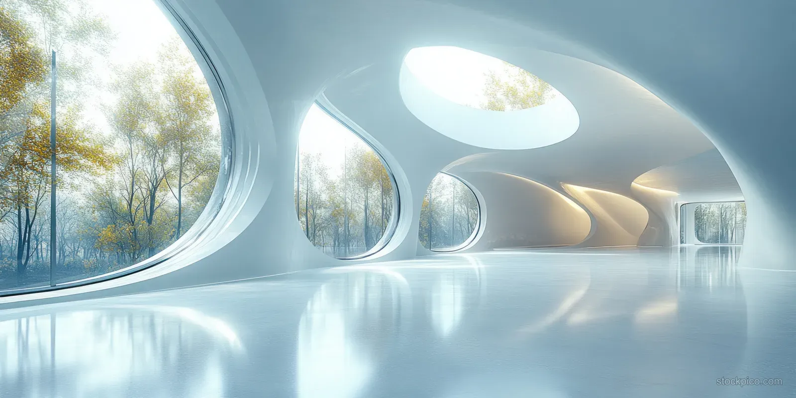 Minimal empty office interior with curved panoramic windows and soft natural sunlight across pale walls.