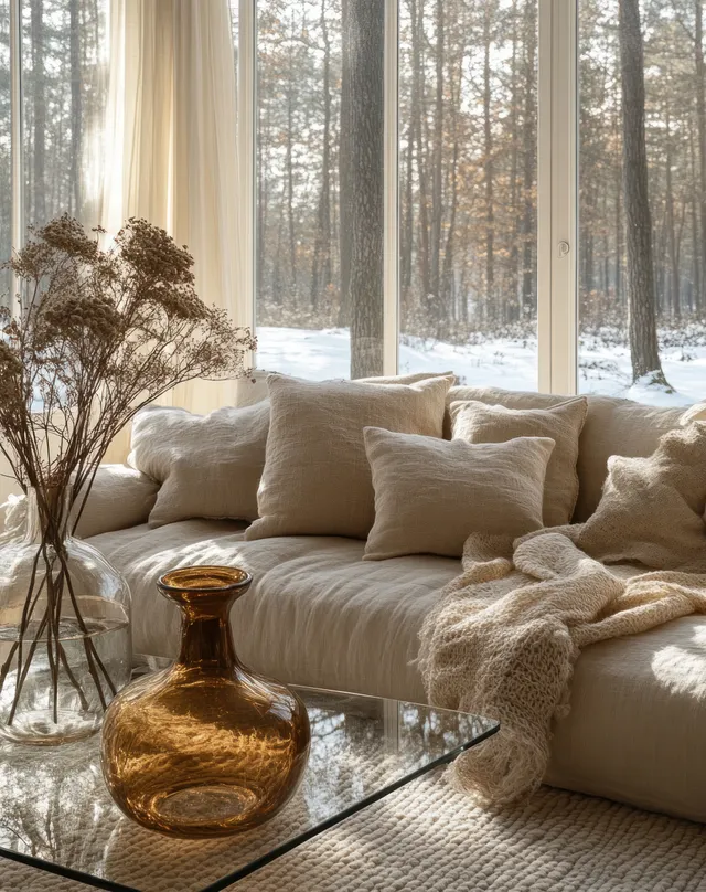 Sunlit living room with a beige sofa, glass coffee table, and dried flowers in front of large winter windows.