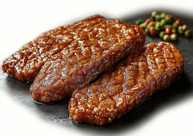 Three grilled glazed rectangular plant-based meat patties on a dark plate with peppercorns beside them.