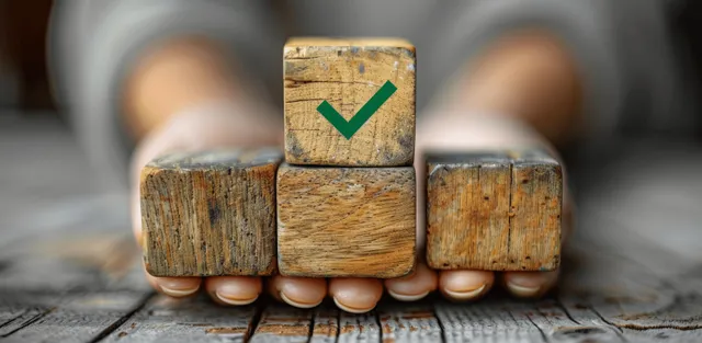 Green checkmark on top of stacked wooden blocks placed on a table with a blurred hand in the background.