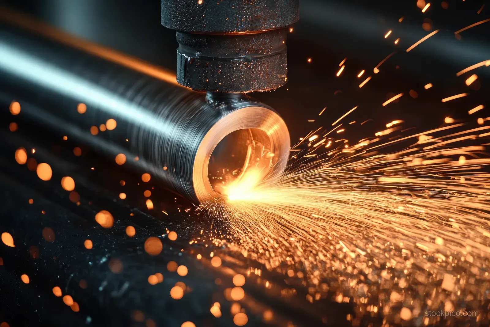 A cutting tool slices a steel pipe, sending a bright orange spark shower across a dark industrial background.