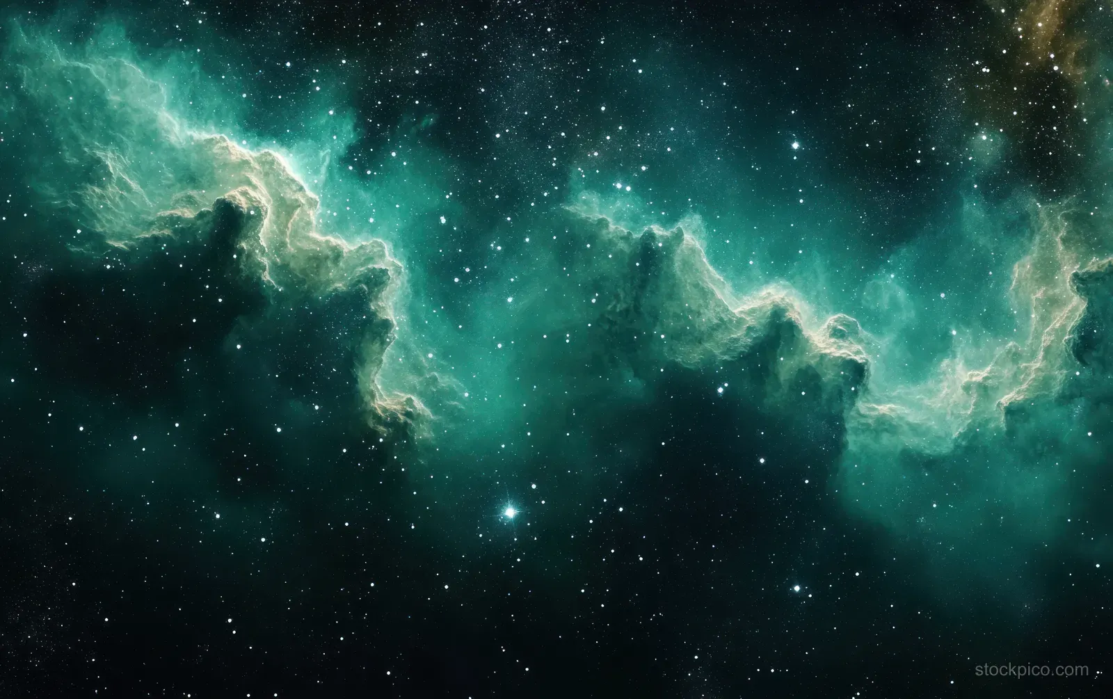 Glowing turquoise nebula clouds stretch across deep space with scattered bright stars and dark cosmic background.