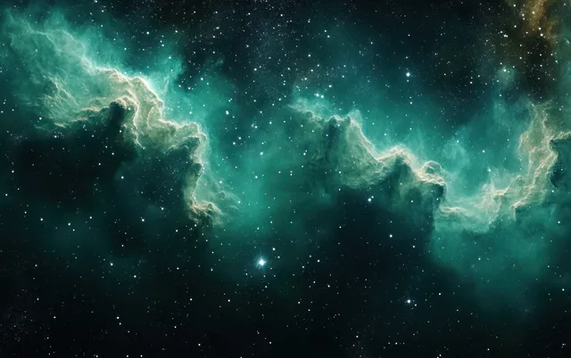 Glowing turquoise nebula clouds stretch across deep space with scattered bright stars and dark cosmic background.
