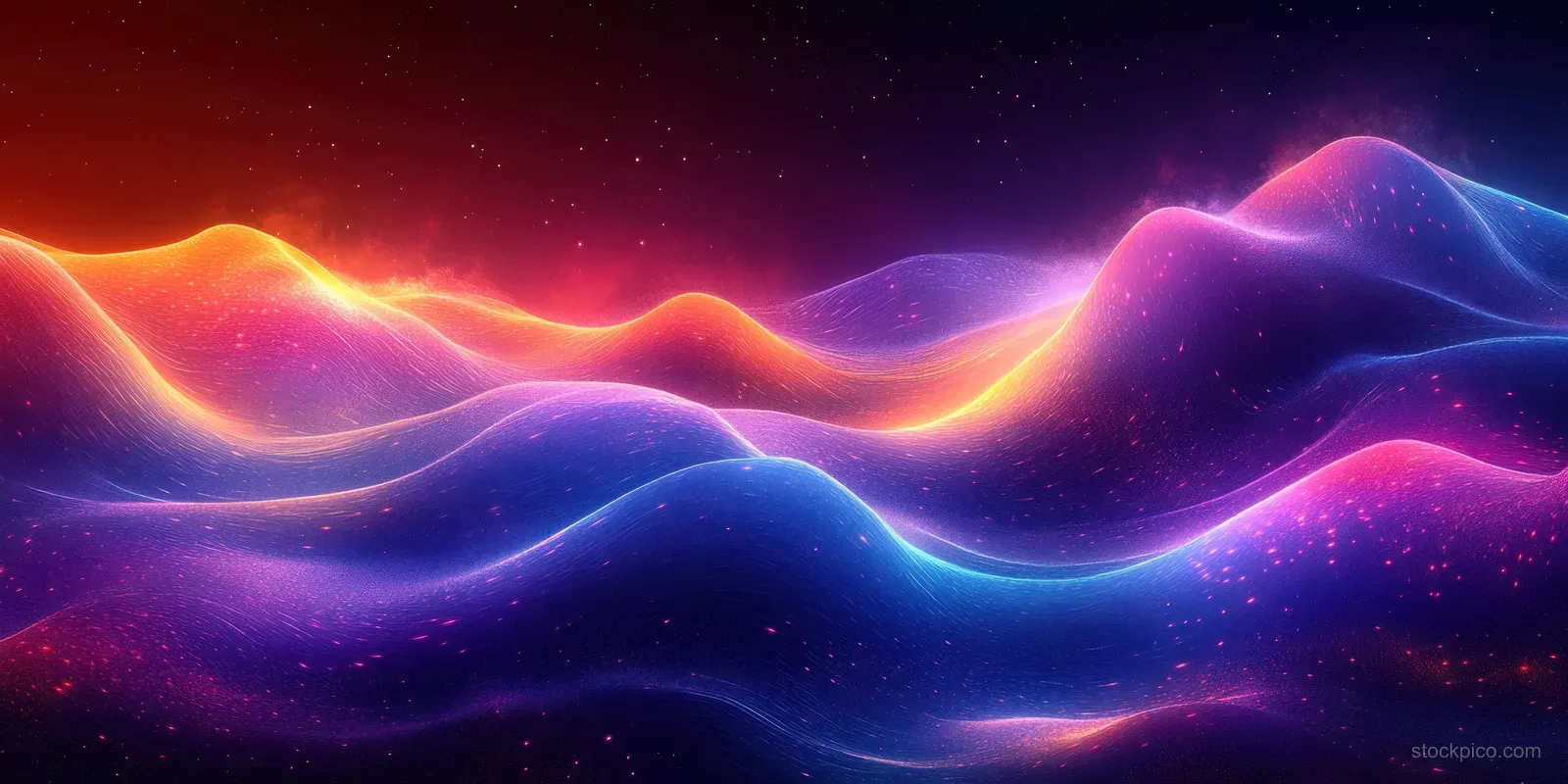 Neon wavy light lines glow across a blue and purple abstract background with smooth undulating curves.