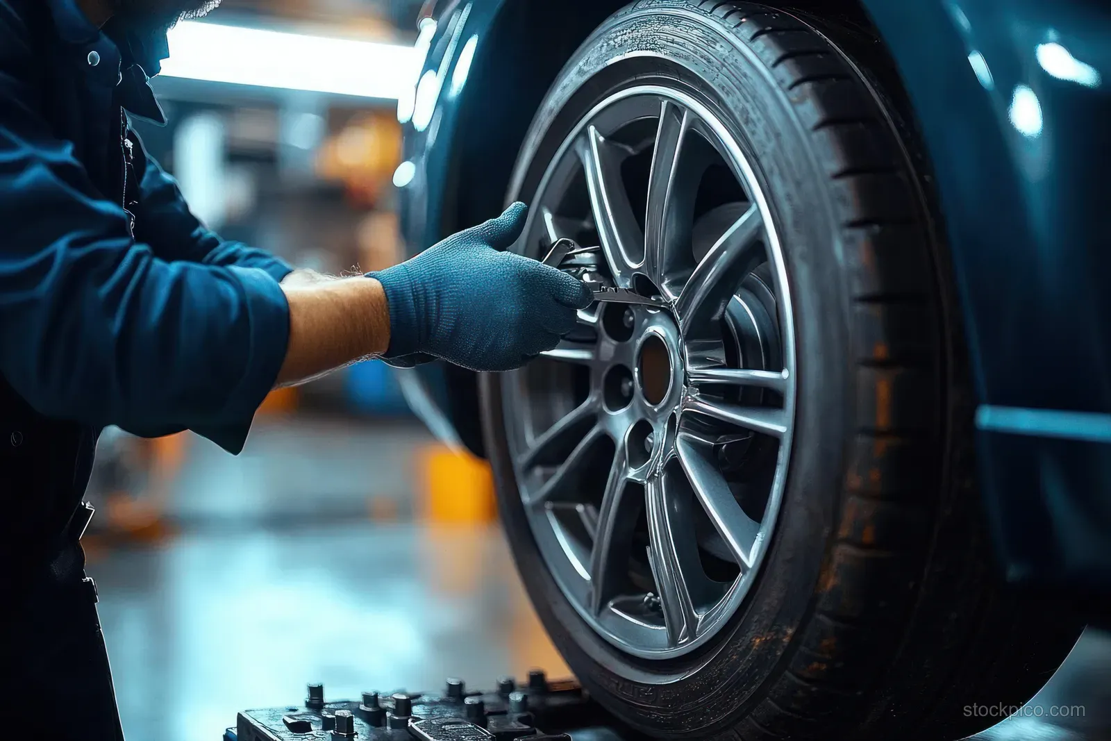 A gloved mechanic tightens a car wheel with a pneumatic wrench inside a garage.