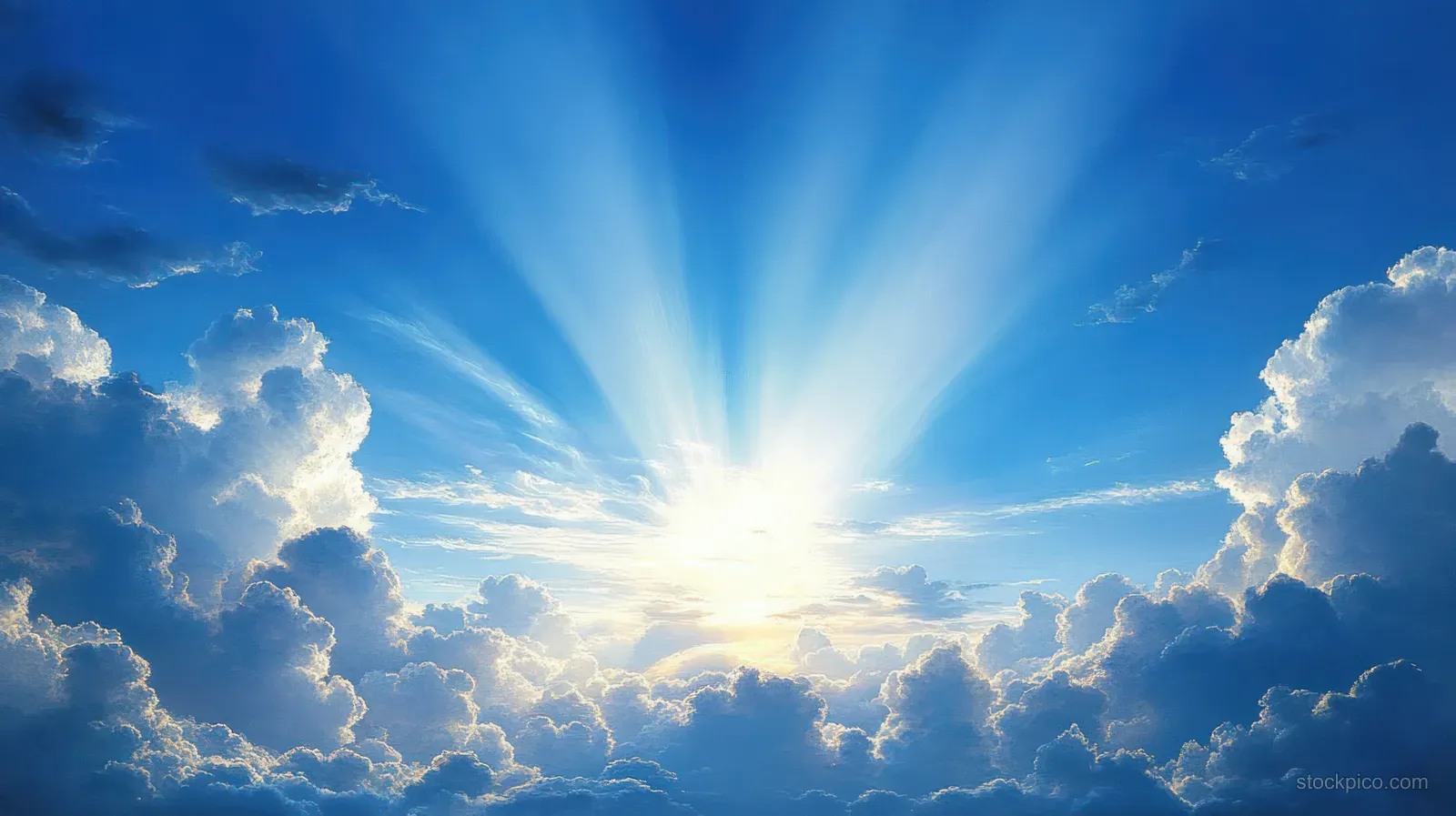 Sunburst breaks through fluffy clouds in a vivid blue sky, casting visible light rays.