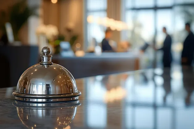 Hotel reception service bell on a modern counter with blurred reception staff and lobby behind it.