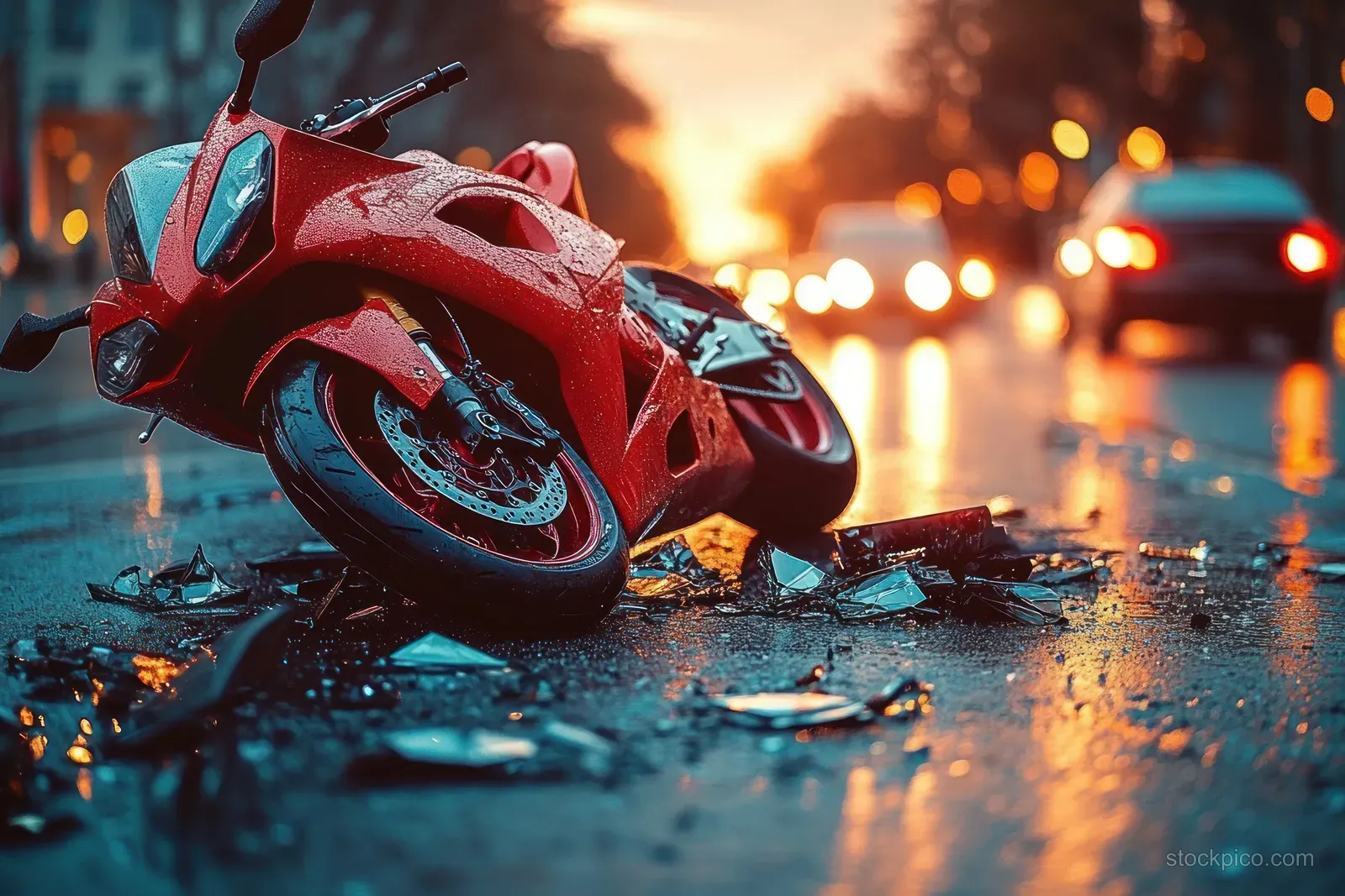A red motorcycle lies on a wet street with glass shards around it while blurred cars and streetlights glow in the background.