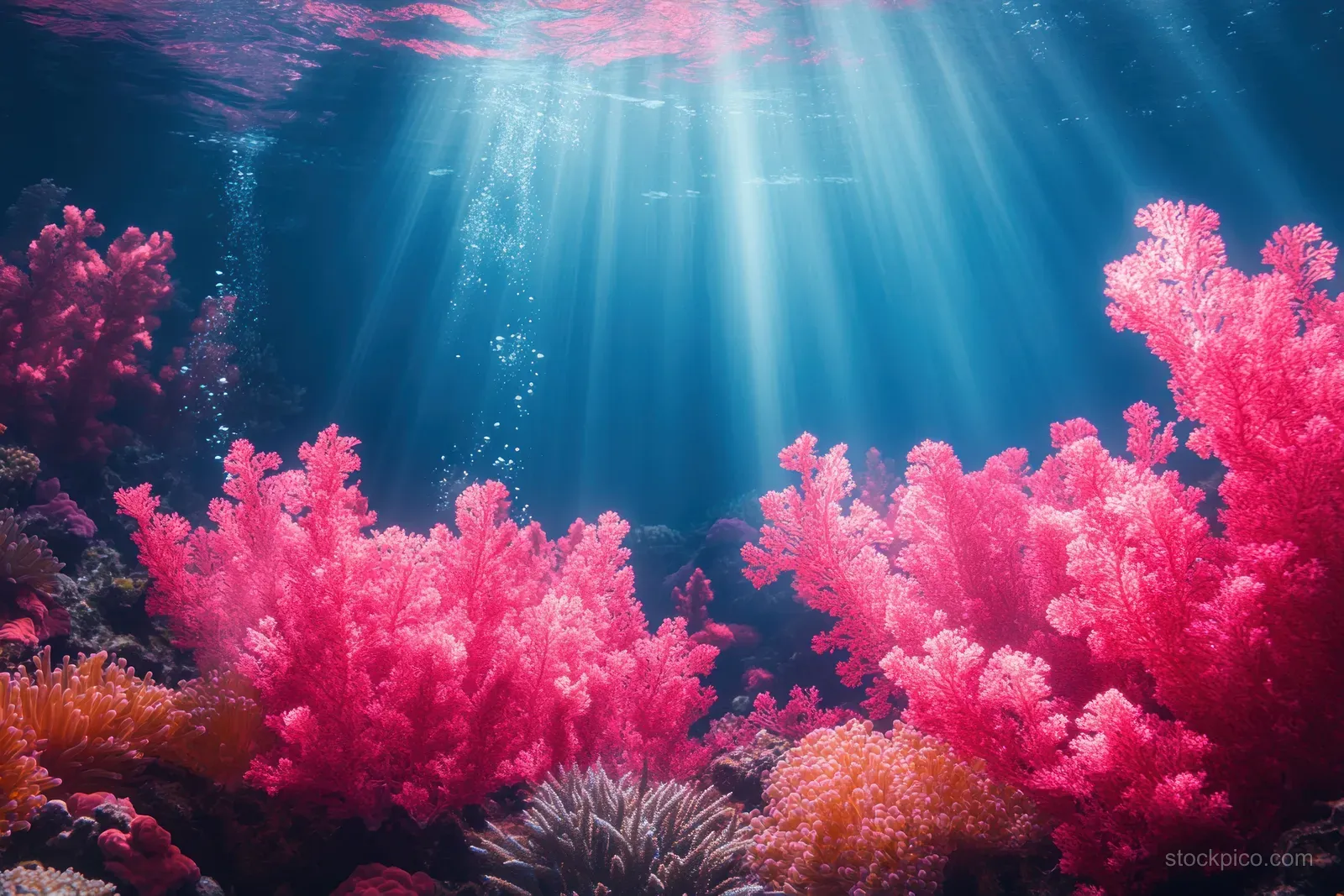 Pink soft coral grows on a reef beneath sunbeams in clear blue water.