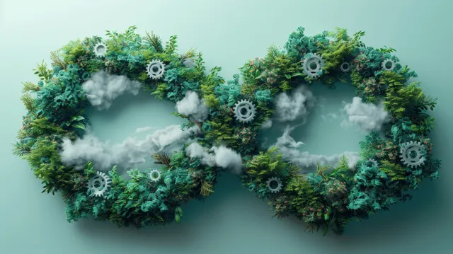 An infinity symbol formed by leaves and gears with faint smoke behind it on a teal background.