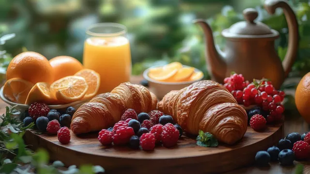 Flaky croissants, mixed berries, and sliced oranges arranged beside orange juice and a ceramic teapot on a wooden table outdoors.