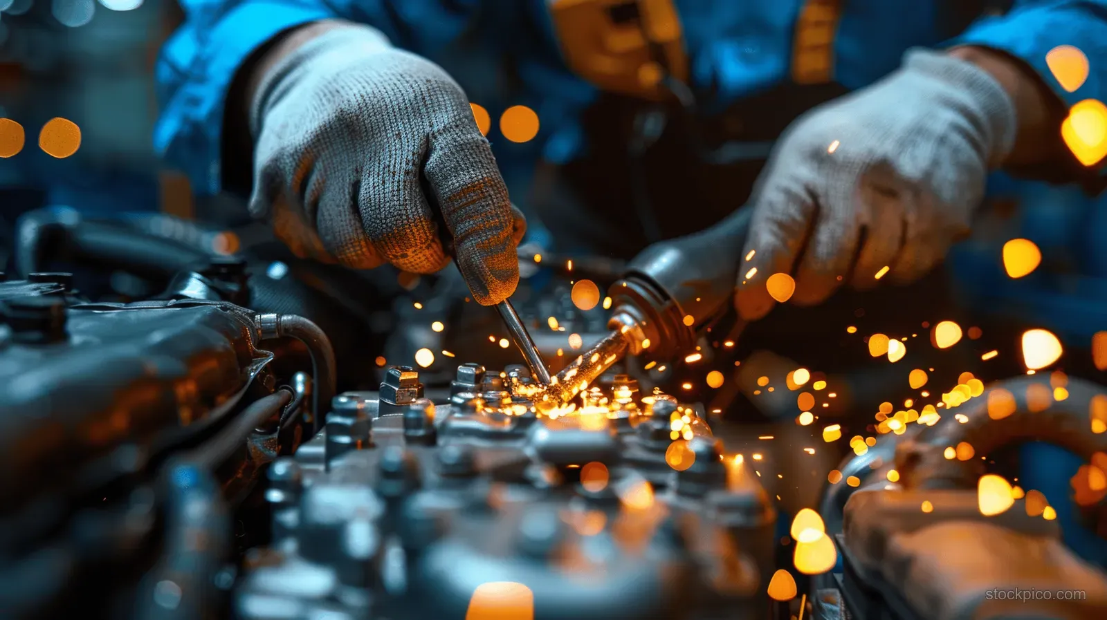Gloved mechanic hands solder electric vehicle battery cables with sparks among tools in a workshop.