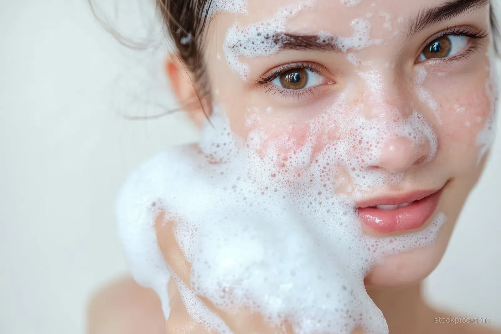 A young woman gently washes her face with foamy soap bubbles in a bright bathroom.