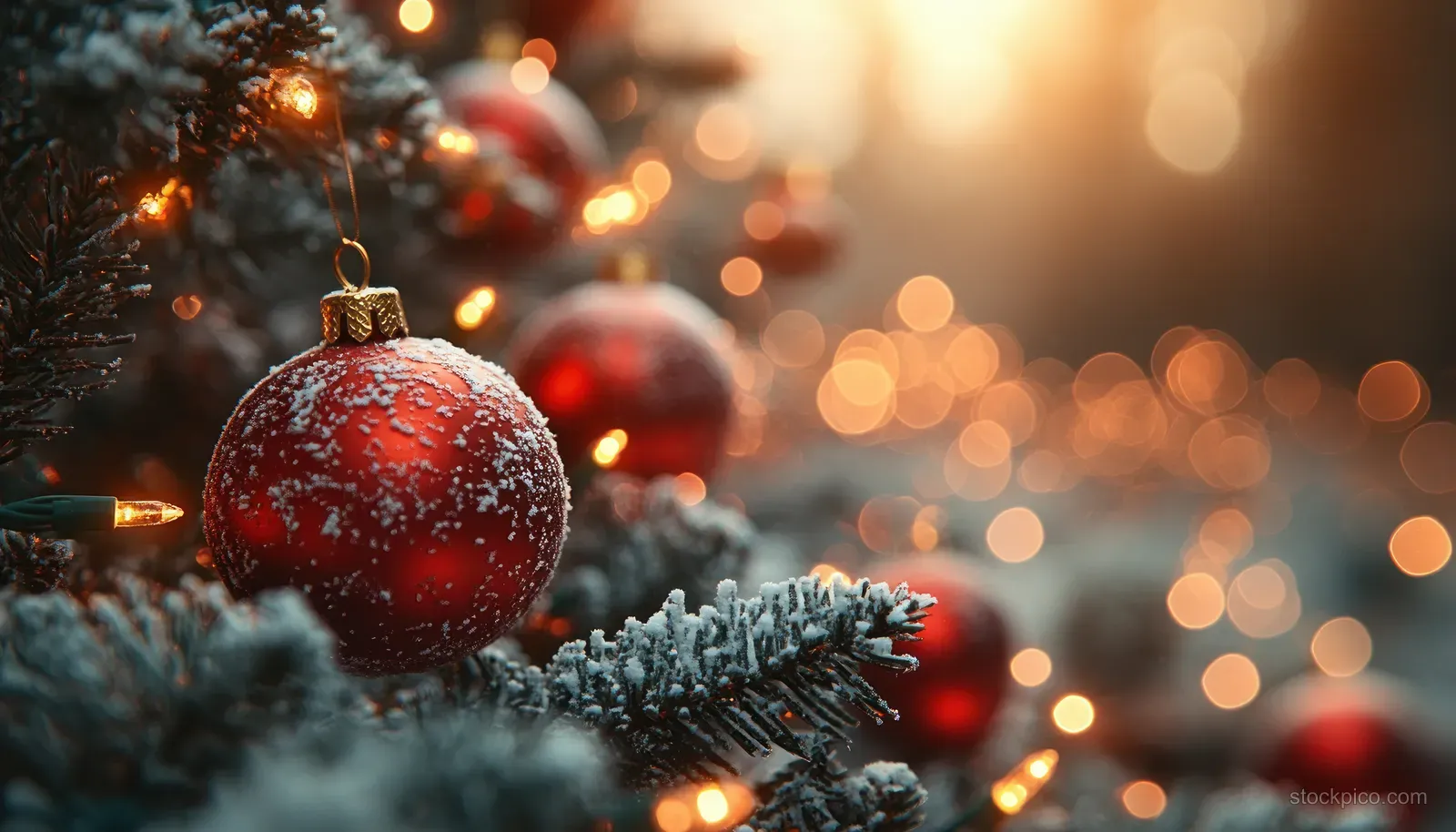 Close-up red Christmas bauble on snow-covered pine needles with warm glowing lights blurred in the background.
