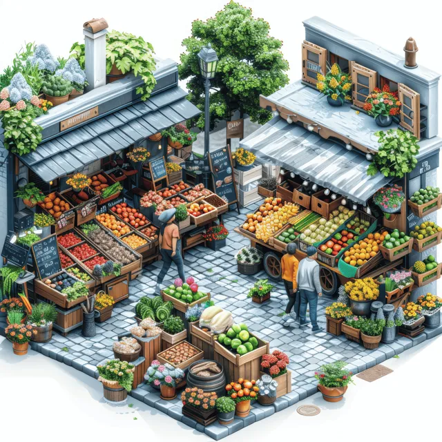 Isometric view of a farmer’s market with colorful stalls, shoppers, and neatly arranged fruits and vegetables on display.