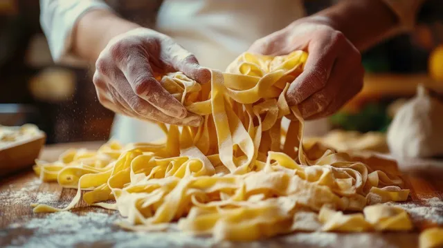 Flour-dusted hands shape fresh homemade pasta ribbons on a wooden table in a warm kitchen.