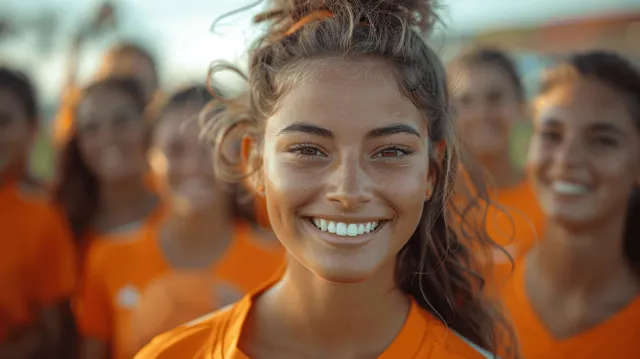 Happy teenage girls soccer team holding a ball on a sports field