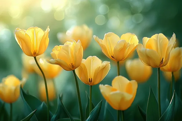 Sunlit yellow tulips swaying in a spring field with soft green bokeh background