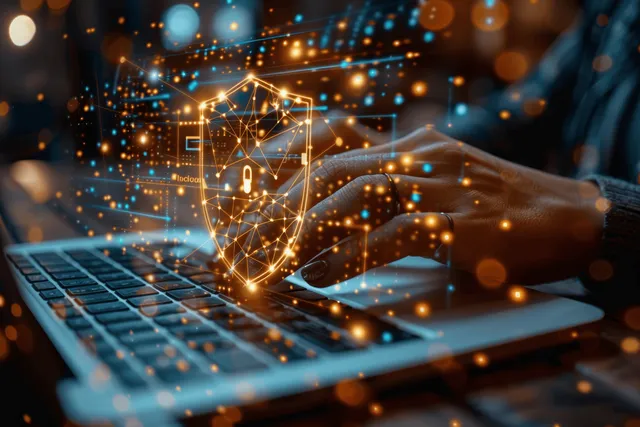 Hands on a laptop keyboard with a glowing shield lock and cybersecurity icons hovering above the screen.