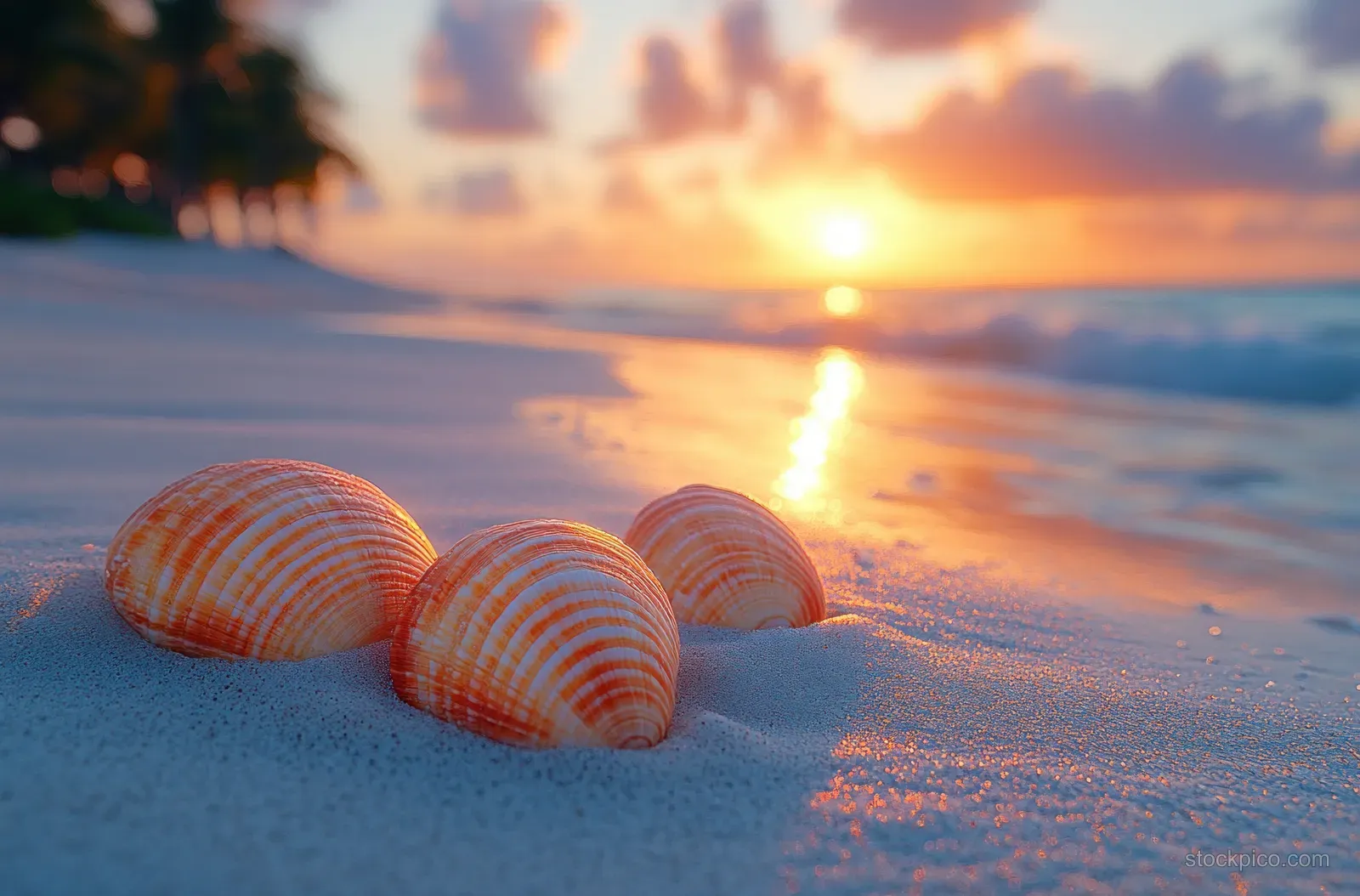 Seashells lie on soft sand as golden sunset light reflects on calm ocean waves.
