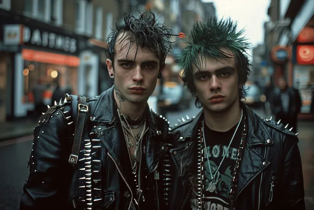 Dos rockeros punk de los años 70 con chaquetas de cuero con tachuelas y crestas mohicanas puntiagudas posan en una calle de Londres.