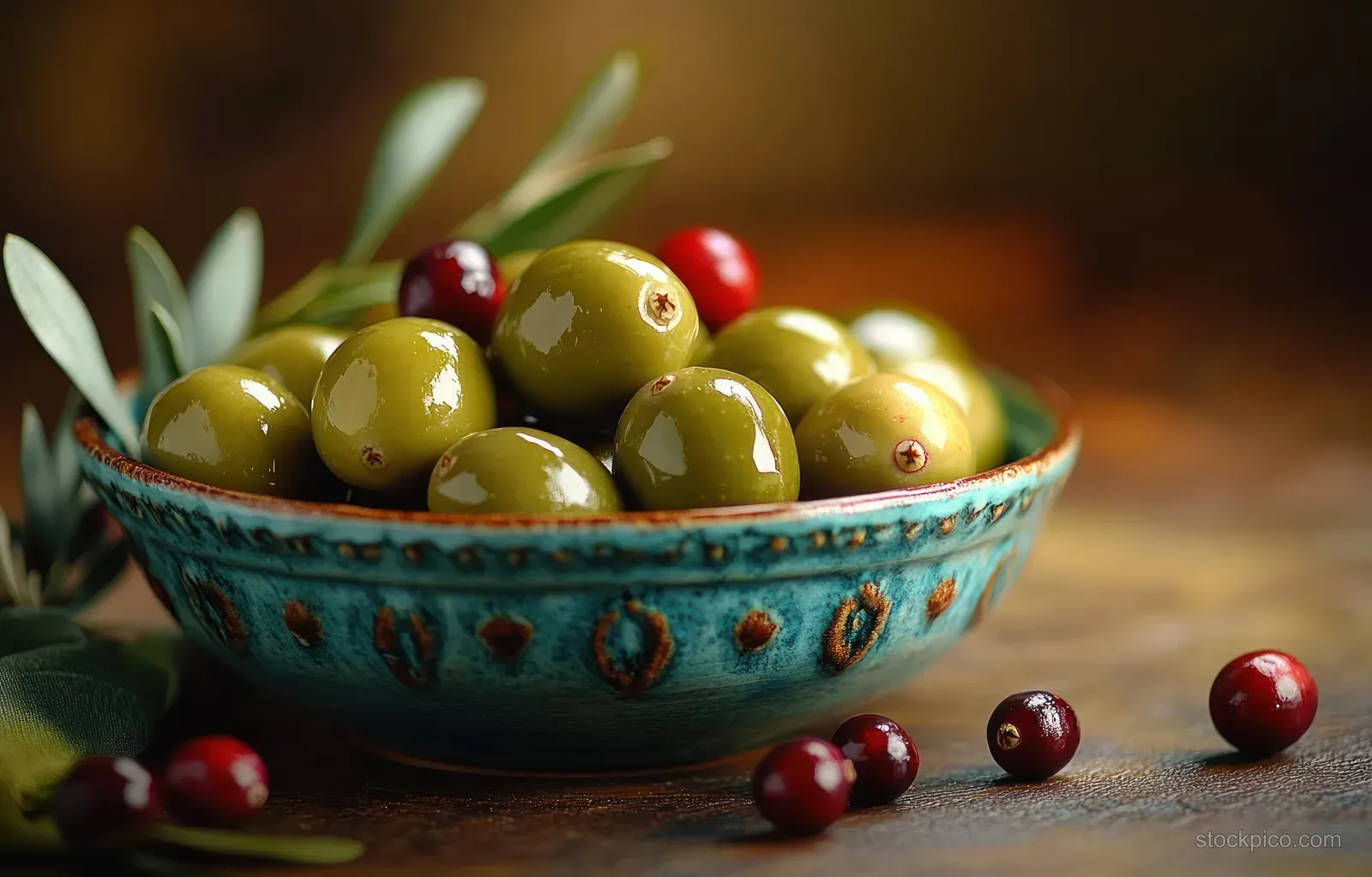 Blue ceramic bowl filled with glossy green olives, olive leaves, and scattered red berries on a rustic table.