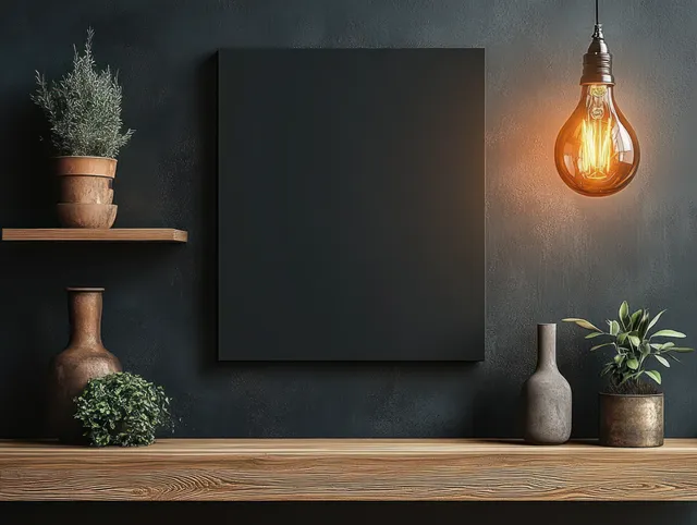 Empty canvas mockup hangs on a dark wall above a wooden shelf with vases, plants, and a warm hanging bulb.