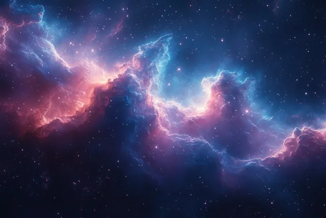 Colorful nebula clouds glow across deep space with bright stars and electric energy tendrils.