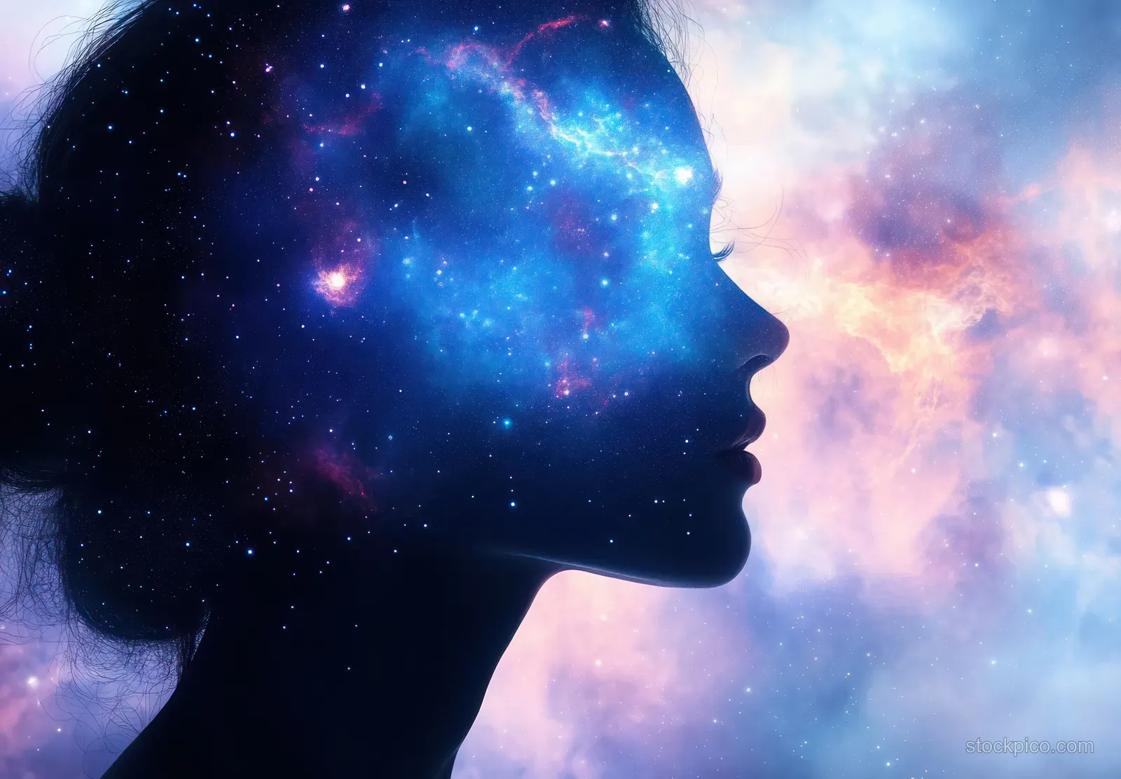 Meditating woman silhouette facing right with glowing chakra aura lights over a swirling nebula background.