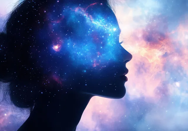 Silhouette of meditating woman in cosmic space with glowing chakra aura and nebula backdrop