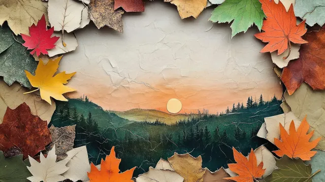 Autumn leaves frame a painted forest landscape at sunset with a glowing orange sun in the sky.