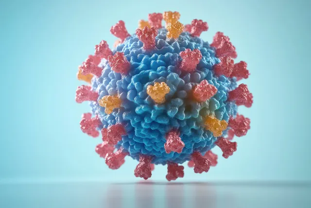 A 3D coronavirus particle with pink spikes floats on a blue background with soft shadowing.