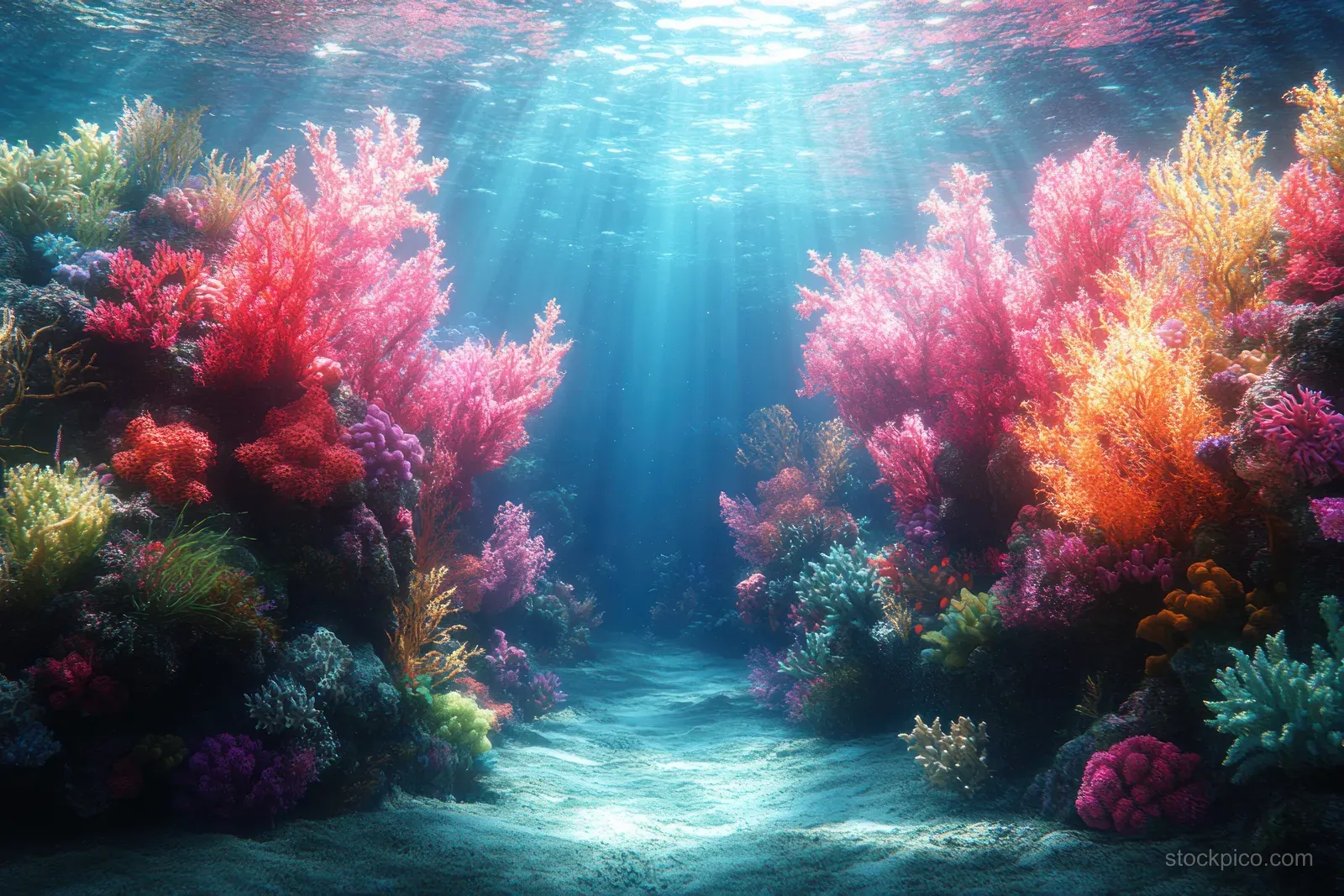 Vibrant gorgonian sea fan coral thrives in a colorful underwater scene with sunbeams and diverse marine life in the Andaman Sea.