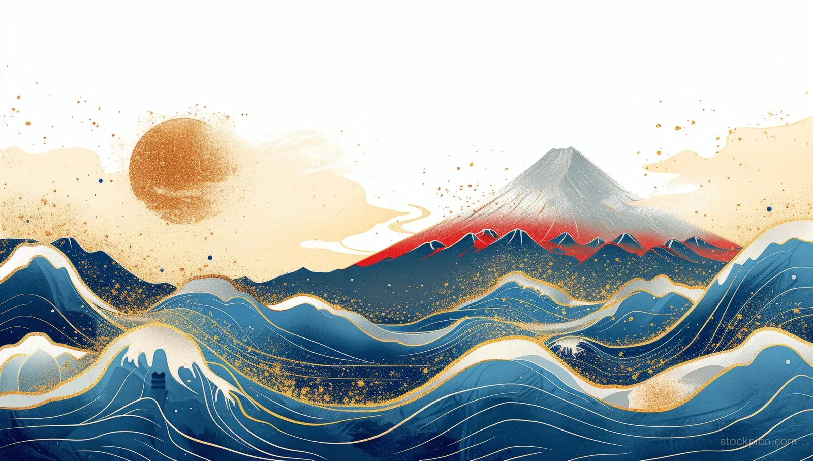 Mount Fuji rises behind stylized blue waves with gold glitter splashes on a light background.