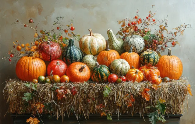 Orange pumpkins and assorted gourds arranged on a straw bale with autumn leaves and corn behind.