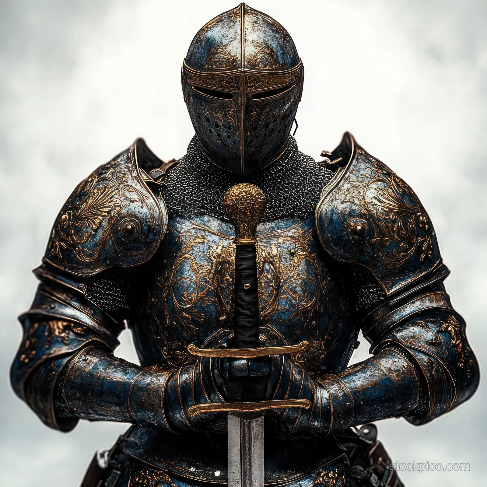 Medieval knight in ornate full plate armor holds a sword with both hands beneath a cloudy sky.